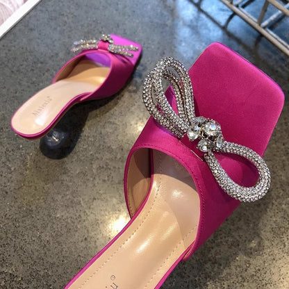 XIANGTUIBAO European and American Stiletto Rhinestone High Heel Slippers Women's  Fashion Square Toe Large Size Satin Bowknot Sandals Wholesale