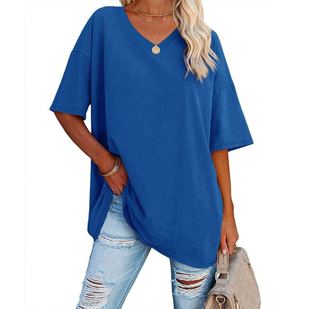 Cross-Border European and American Women's Clothing  Foreign Trade Spring and Summer New Color Loose Half Sleeve V-neck Cotton Waist Women's Top