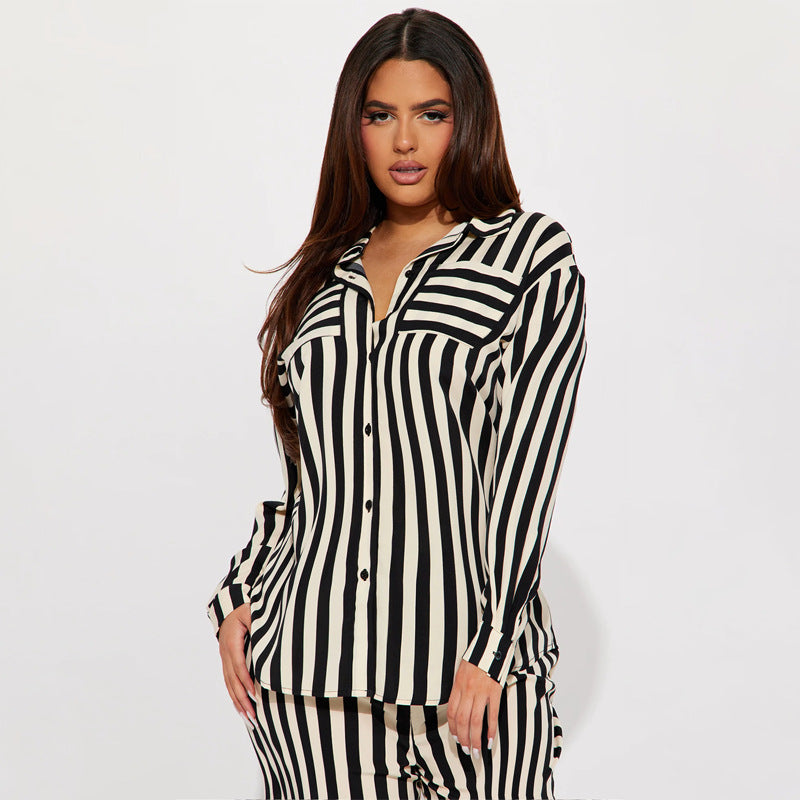 XIANGTUIBAO 2025 2025 trade women's clothing two-piece set, 2025 fashion casual home out striped button shirt trousers set