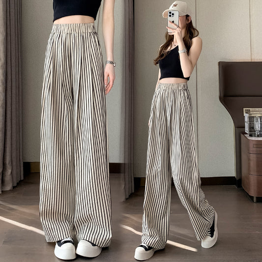 xiangtuibao Summer New Striped Cotton Linen Wide-Leg Pants Women's High Waist Loose Drooping Straight Imitation Linen Mop Trousers Women's