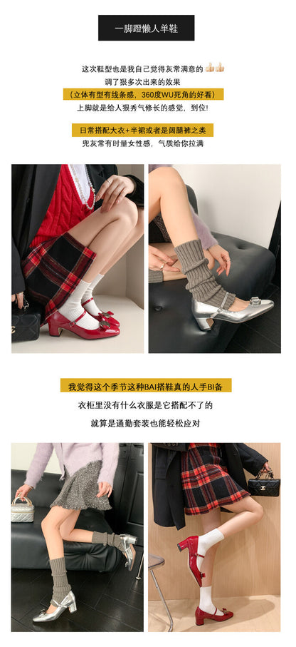 XIANGTUIBAO Silver Mary Jane Shoes Women's Low-Cut Chunky Heel High Heels Fairy Style  Spring Bow Fashionable All-Matching Shoes