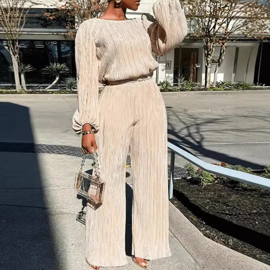 XIANGTUIBAO 20252025 trade women's clothing fashion out nightclub loose casual pleated waist straight pants long-sleeved top set