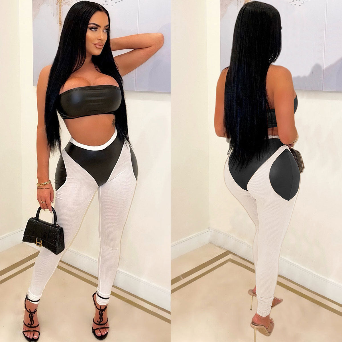 XIANGTUIBAO Independent station Popular trade 2023 new 2025 sexy color matching two-piece set, tube top PU leather trousers tight suit for women