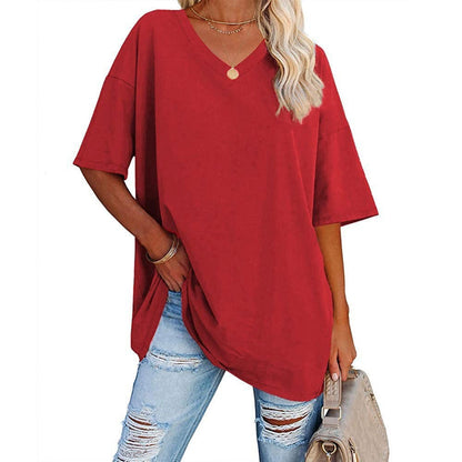 Cross-Border European and American Women's Clothing  Foreign Trade Spring and Summer New Color Loose Half Sleeve V-neck Cotton Waist Women's Top