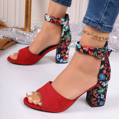 XIANGTUIBAO Cross-Border  New European and American Fashion plus Size Embroidered Chunky Heel Women's Sandals Foreign Trade Women's Buckle High Heel Sandals Women