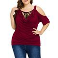 plus Size Women's Lace Cold Shoulder Top Solid Color Casual round Neck off Shoulder Women's Short Sleeved Coat