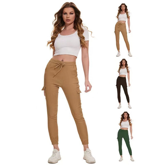 xiangtuibao HOT and NEW Cross Border Temu  Wish Xi Yin EBay Women's Multi-Pocket Work Pants Casual Pants Elastic Waist Tie Pants