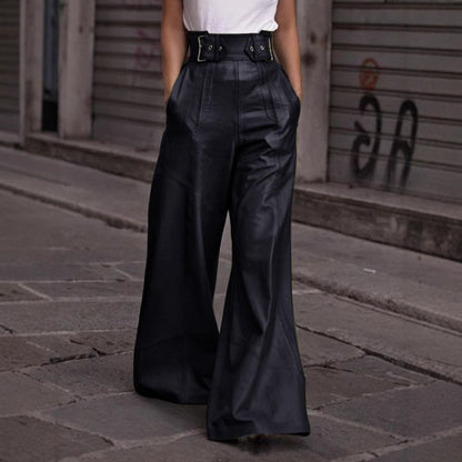 XIANGTUIBAO 2025 2025 trade  fashion leather pants women, high waist loose pocket waist PU leather flared pants, casual trousers