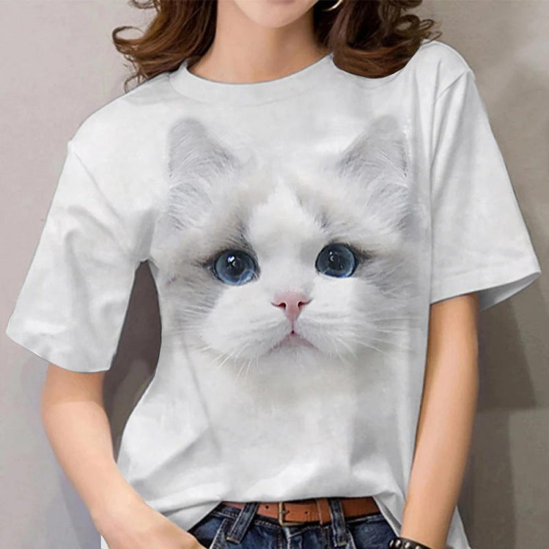 Independent Station Women's Short-Sleeved T-shirt Cute Cat 3D Printed European and American Foreign Trade Women's Clothing Straight Hair