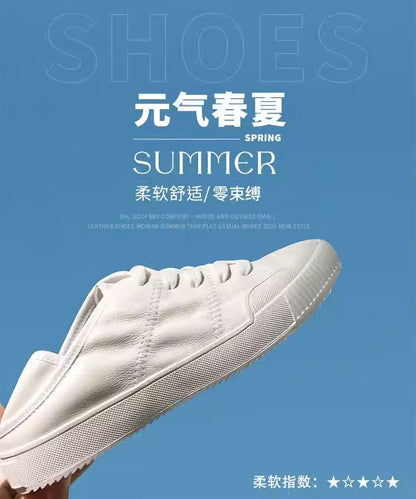 XIANGTUIBAO  Sheepskin Version  Spring New Leather White Shoes Women's Summer Thin Heel Flat Casual Shoes German Training Shoes