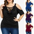 plus Size Women's Lace Cold Shoulder Top Solid Color Casual round Neck off Shoulder Women's Short Sleeved Coat