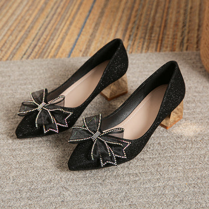 XIANGTUIBAO Style Pointed-Toe Fashion High Heels Women's Spring and Autumn New Chunky Heel Low-Cut Rhinestone Bow Temperament Wild Pumps