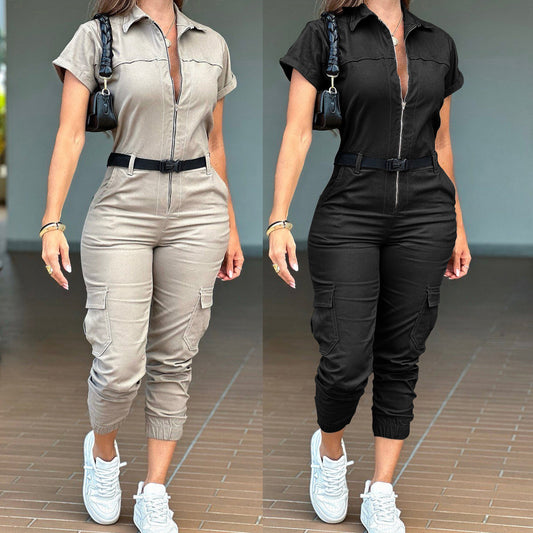 XIANGTUIBAO 2025  new women's fashion zipper tooling onesie short-sleeved lapel multi-pocket belt jumpsuit