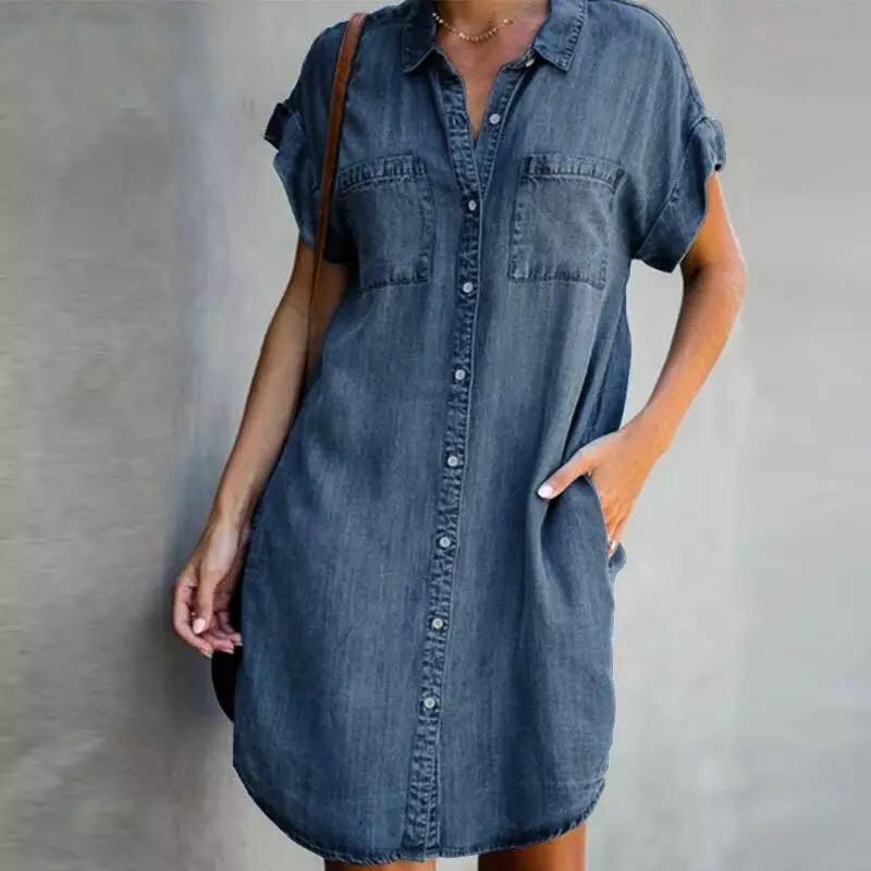 Independent Station   Cross-Border New European and American Lapel Short Sleeve Slim Fit Dress Denim Shirt Dress Women