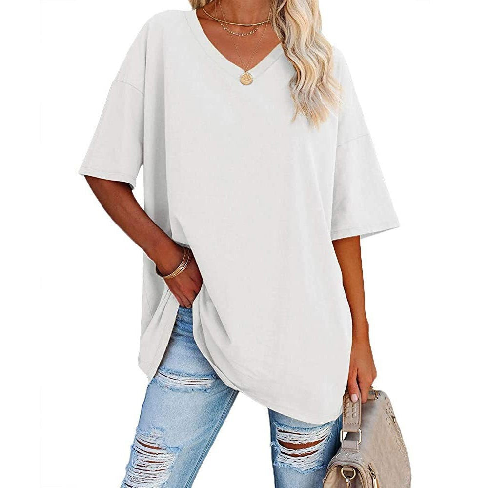 Cross-Border European and American Women's Clothing  Foreign Trade Spring and Summer New Color Loose Half Sleeve V-neck Cotton Waist Women's Top