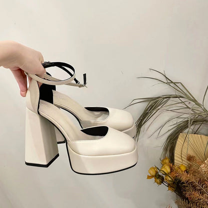 XIANGTUIBAO Mary Jane Chunky Heel High Heels Women  New Fairy Style Platform  Square Toe Ankle-Strap Buckle Shoes