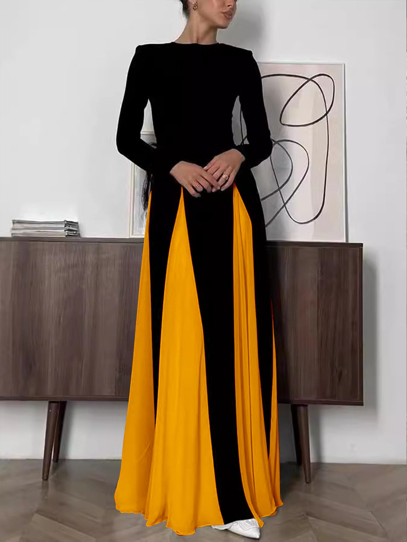 XIANGTUIBAO Cross-border  dinner party women's evening dress, tight A-shaped large skirt splicing long-sleeved crew neck dress