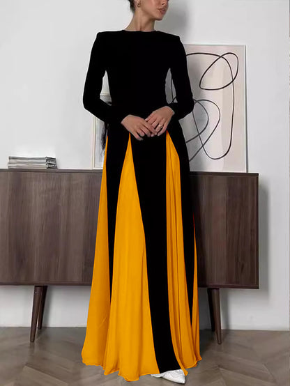 XIANGTUIBAO Cross-border  dinner party women's evening dress, tight A-shaped large skirt splicing long-sleeved crew neck dress