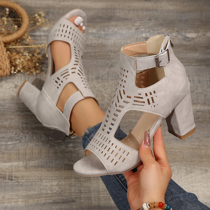 xiangtuibao Spring New plus Size Foreign Trade Women's Shoes Roman Style Hollowed Fashion Back Zipper Chunky Heel High Heels Sandals for Women