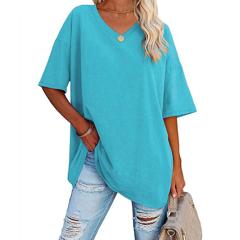 Cross-Border European and American Women's Clothing  Foreign Trade Spring and Summer New Color Loose Half Sleeve V-neck Cotton Waist Women's Top