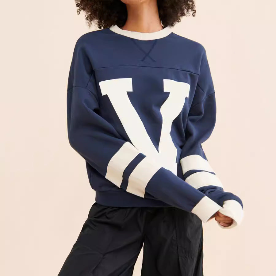 XIANGTUIBAO 2025 women's clothing American street personality contrasting color letter printing sweater loose versatile jumper knitted sweater