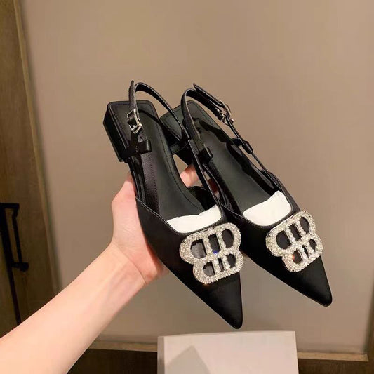 XIANGTUIBAO  Grape Mom ~ Dignified Rhinestone Pointed Toe Toe Cap Silver Sandals Women's Chunky Heel Drill Buckle Back Empty Buckle Commuter Single 2025