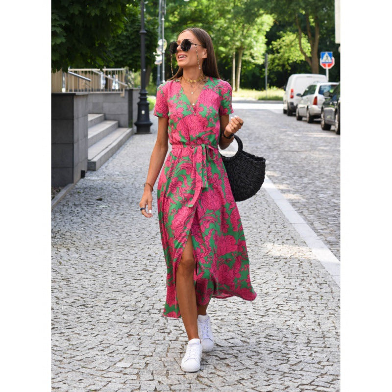 European and American Women's Clothing Cross-Border Foreign Trade   Summer New V-neck Printed Lace-up Dress