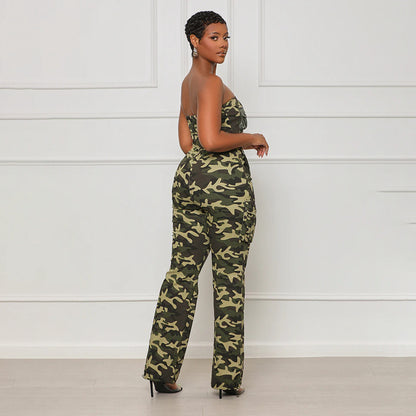 XIANGTUIBAO Cross-border 2025 trade women's clothing, 2025 fashion and sexy nightclubs, off-the-shoulder chest-wrapped rubber band waist zipper camouflage jumpsuit