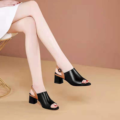 xiangtuibao Women's Sandals  Summer New Leather High Heel in Stock Real Soft Leather Chunky Heel plus Size European and American Peep Toe Fashion Sandals