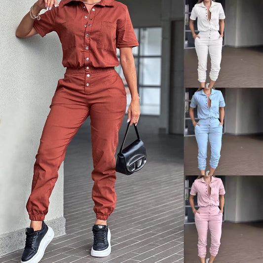 XIANGTUIBAO Cross-border  casual fashion women's leggings, lapel pockets, waist elastic button jumpsuits