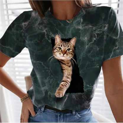 Independent Station Women's Short-Sleeved T-shirt Cute Cat 3D Printed European and American Foreign Trade Women's Clothing Straight Hair