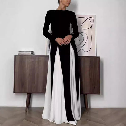 XIANGTUIBAO Cross-border  dinner party women's evening dress, tight A-shaped large skirt splicing long-sleeved crew neck dress