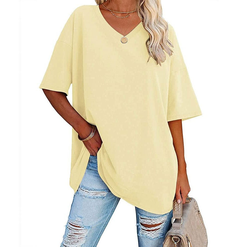 Cross-Border European and American Women's Clothing  Foreign Trade Spring and Summer New Color Loose Half Sleeve V-neck Cotton Waist Women's Top