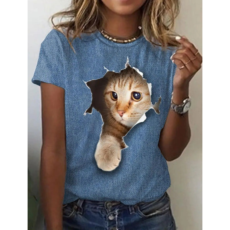 Independent Station Women's Short-Sleeved T-shirt Cute Cat 3D Printed European and American Foreign Trade Women's Clothing Straight Hair