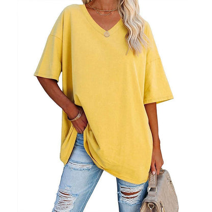 Cross-Border European and American Women's Clothing  Foreign Trade Spring and Summer New Color Loose Half Sleeve V-neck Cotton Waist Women's Top