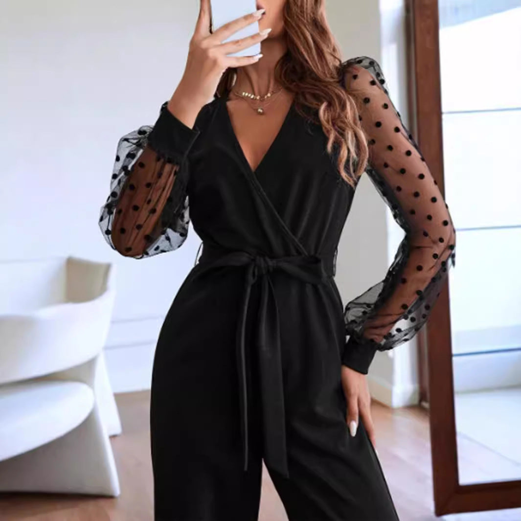 XIANGTUIBAO Cross-border  2025 fashion V-neck women's lace long-sleeved jumpsuit, belt straight pants elegant women's clothing