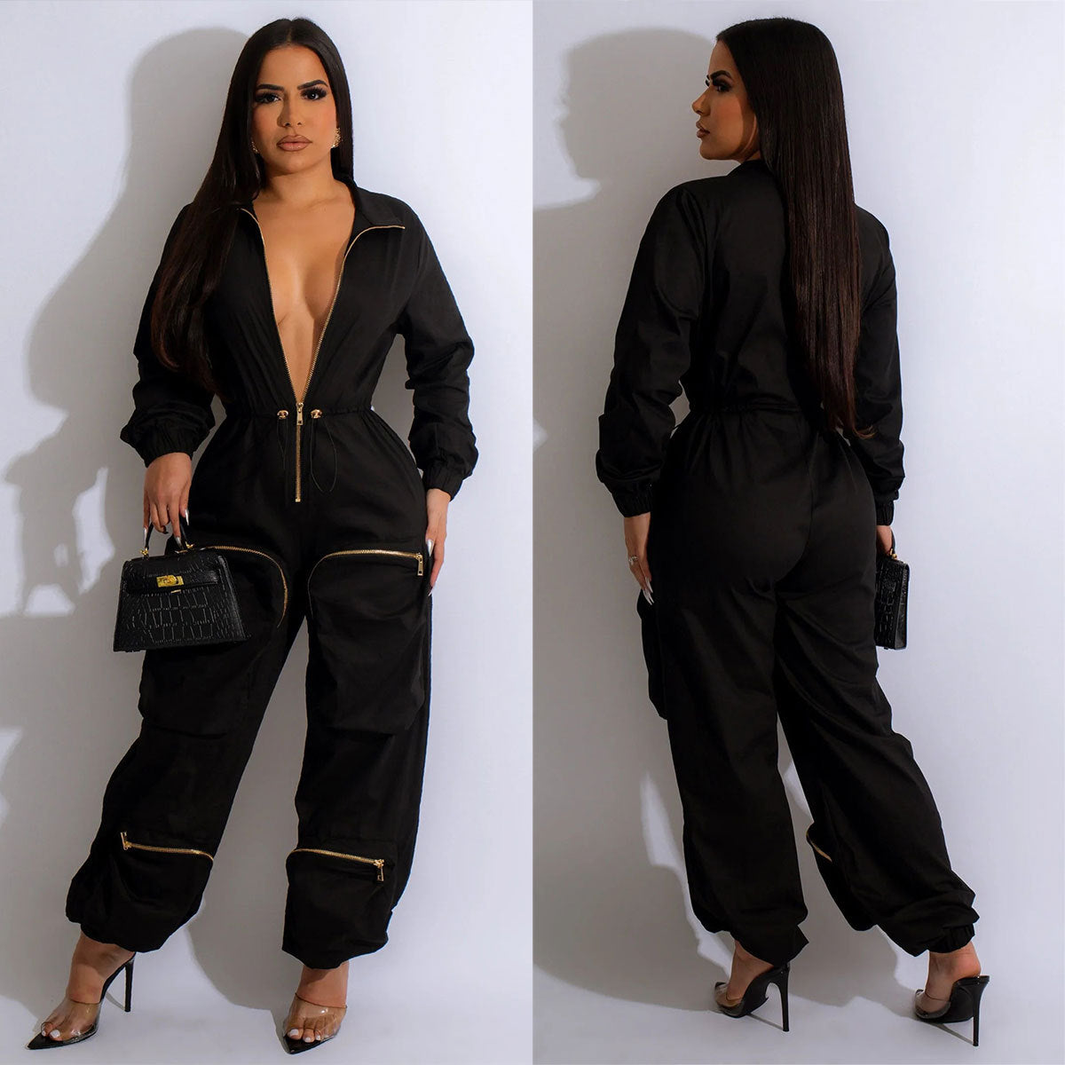 XIANGTUIBAO New cross-border new women's clothing, 2025 waist tooling jumpsuit, metal zipper bread bag casual trousers