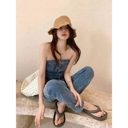 xiangtuibao Jeans for Women Summer High Waist Design Sense Chest-Wrapped Workwear Mopping Floor Niche Classic Style New Wide Leg Jumpsuit