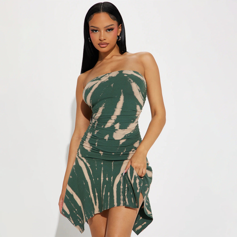 XIANGTUIBAO 2025 new women's clothing, fashionable and sexy chest-wrapped short skirts, pit strip printing waist irregular dresses