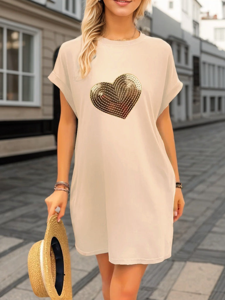 XIANGTUIBAO Cross-border  women's clothing fashion outing heart-shaped beads embroidered round neck casual short-sleeved shoulder-length sleeves loose dress