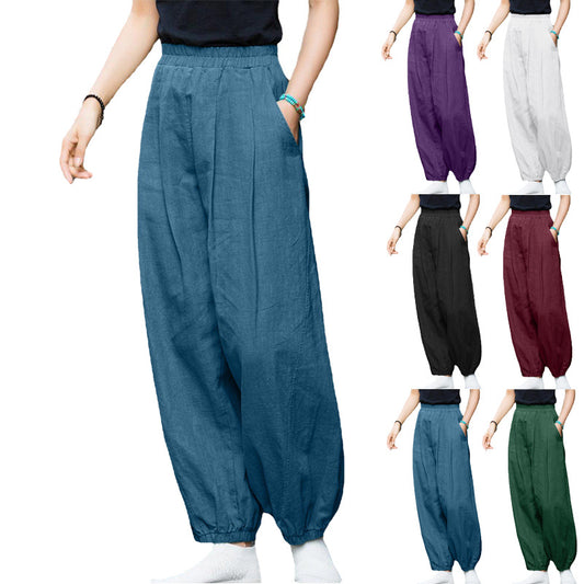 xiangtuibao Independent Station HOTan and NEWn Style Women Cotton and Linen Solid Color Casual Pants Elastic Waist Loose Wide Leg Stitching Cropped Pants