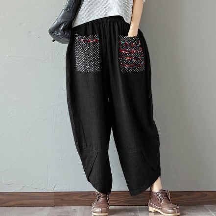 xiangtuibao Can Be Shipped  Factory Direct Sales Spring Ethnic Style Patchwork Cotton Linen Wide Leg Pants Loose Women's Pants