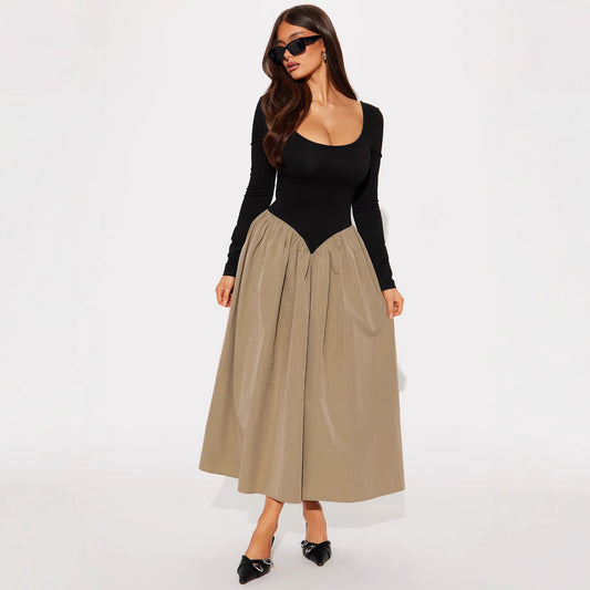 XIANGTUIBAO Cross-border  2025 long dress women, elegant large round neck backless upper body tight big swing skirt splicing dress