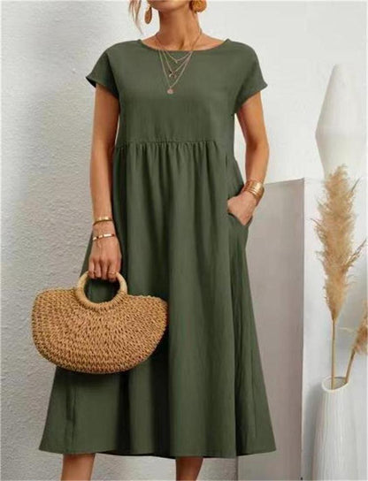 New Arrival  Cross Border  Solid Color Sleeveless Loose Pockets Cotton Linen Dress Foreign Trade Wholesale Women's Clothing