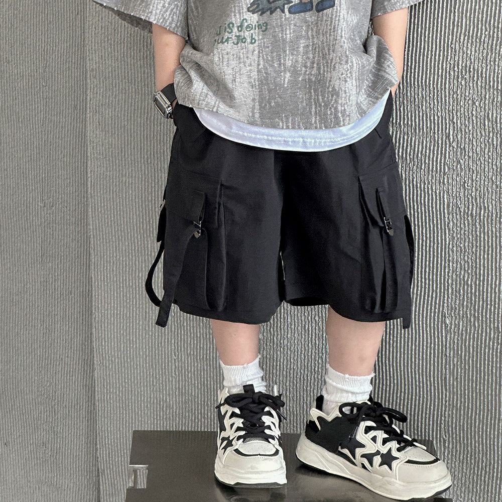 xiangtuibao  Xiner  Washed Brocade Cotton Workwear Shorts Ribbon Three-Dimensional Pocket Middle Pants Summer Thin Boys' Cropped Pants Children