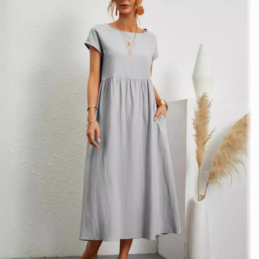 New Arrival  Cross Border  Solid Color Sleeveless Loose Pockets Cotton Linen Dress Foreign Trade Wholesale Women's Clothing