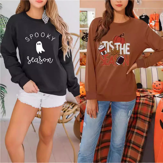 XIANGTUIBAO 2025 fashion 2025 women's clothing Halloween letter printing personalized towel embroidery round neck long sleeve threaded sweater new