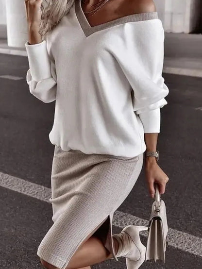 XIANGTUIBAO 2025 fashion women's clothing, going out casual loose V-neck sweater set, tight skirt long-sleeved top two-piece set