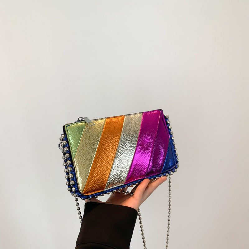 XIANGTUIBAO 2025 Women's bag new contrasting color splicing trendy rainbow striped small square bag bead chain shoulder bag fashionable messenger bag