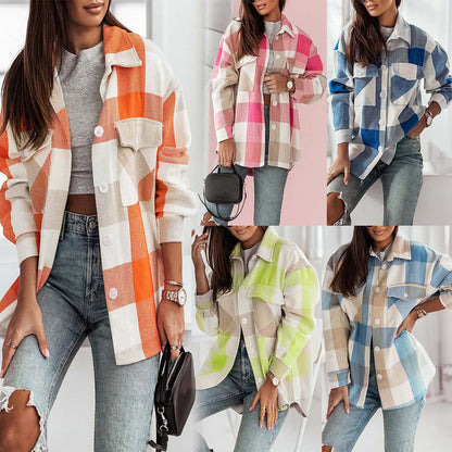 XIANGTUIBAO 2025  2025 fashion women's clothing colored plaid shirt jacket, casual polished woolen coat top